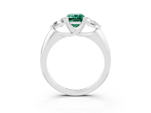 Platinum Three-Stone Emerald Cut Green Sapphire Engagement Ring with Trillion Side Stones and Prong Setting