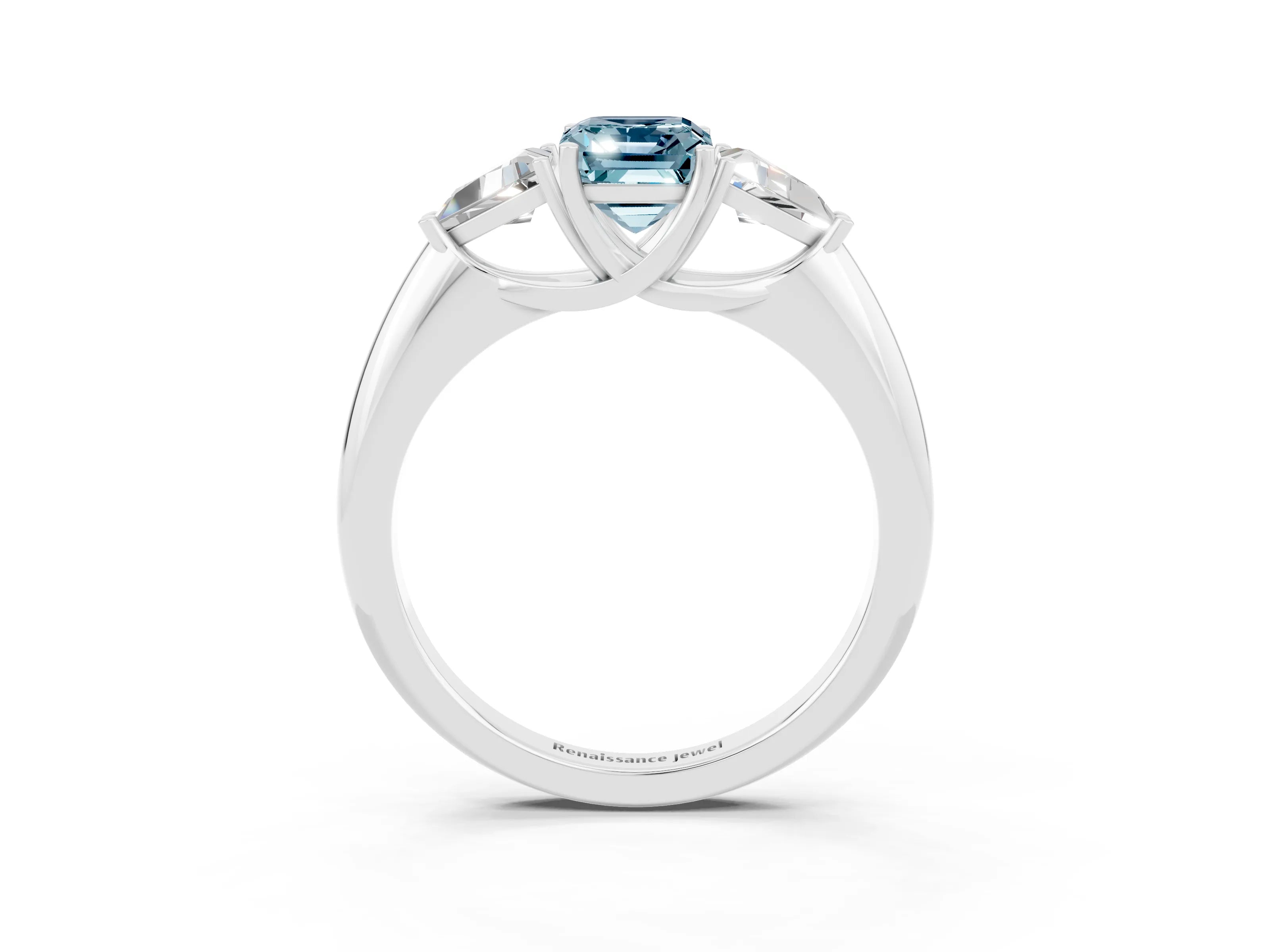 White gold Three-Stone Emerald Cut Cut Diamond Ring with Trillion Side Stones and Four-Prong Setting_3