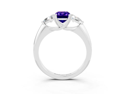 White gold Three-Stone Emerald Cut Cut Diamond Ring with Trillion Side Stones and Four-Prong Setting_3