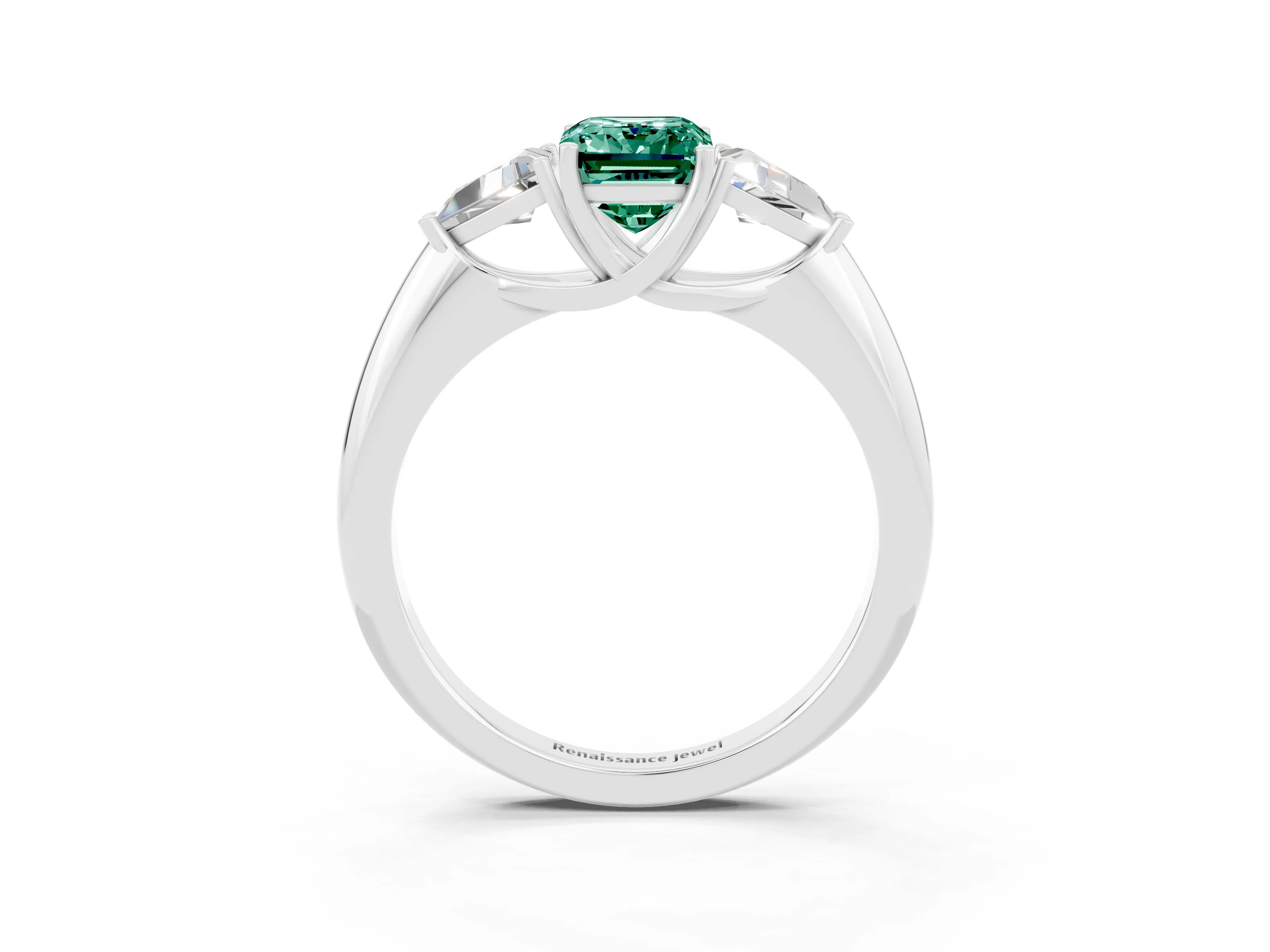 White gold Three-Stone Emerald Cut Cut Diamond Ring with Trillion Side Stones and Four-Prong Setting_3