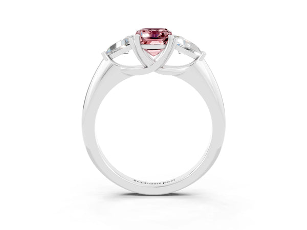 Platinum Three-Stone Emerald Cut Cut Diamond Ring with Trillion Side Stones and Four-Prong Setting