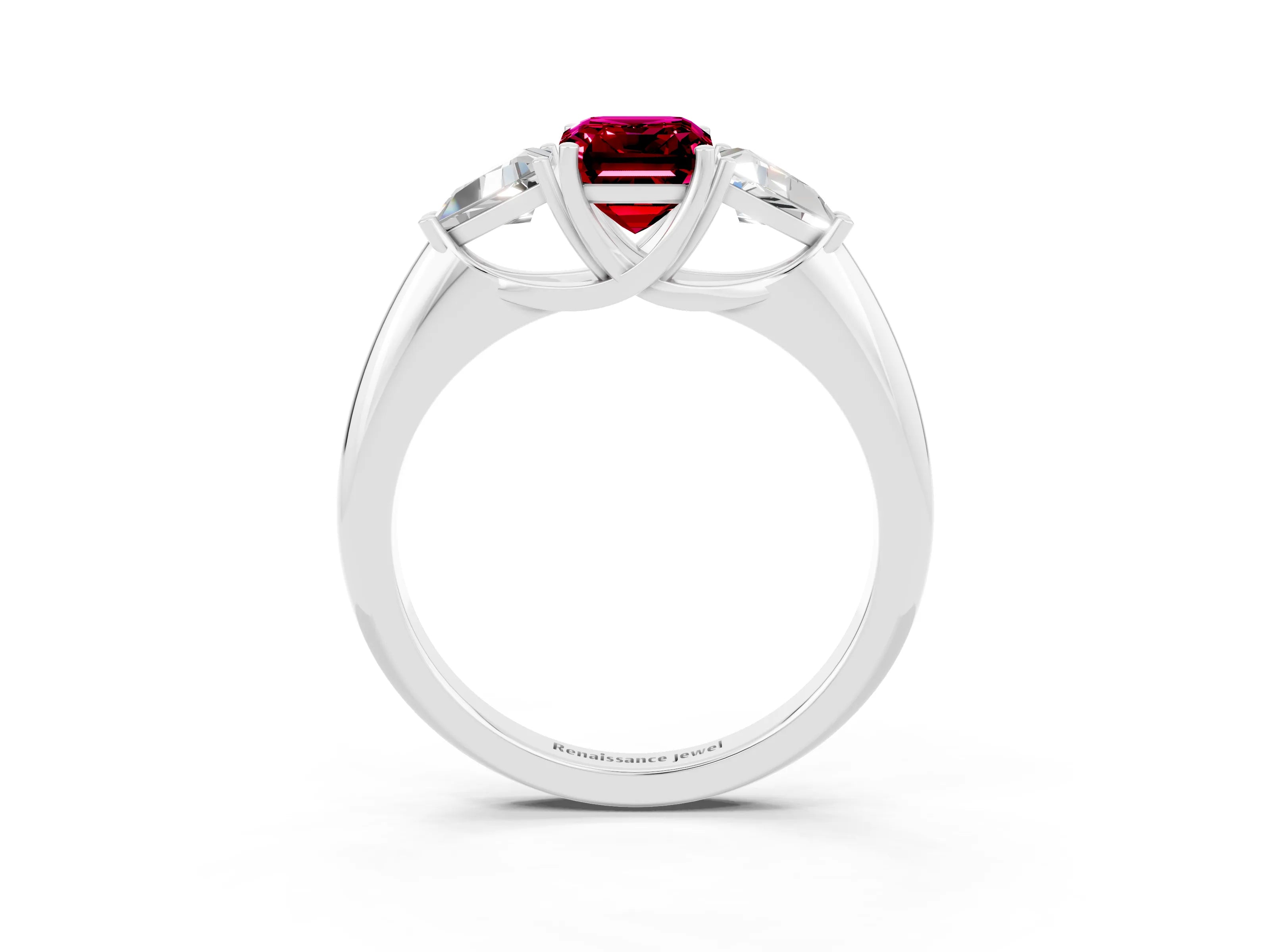 White gold Three-Stone Emerald Cut Cut Diamond Ring with Trillion Side Stones and Four-Prong Setting_3