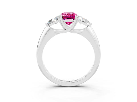 White gold Three-Stone Emerald Cut Cut Diamond Ring with Trillion Side Stones and Four-Prong Setting_3
