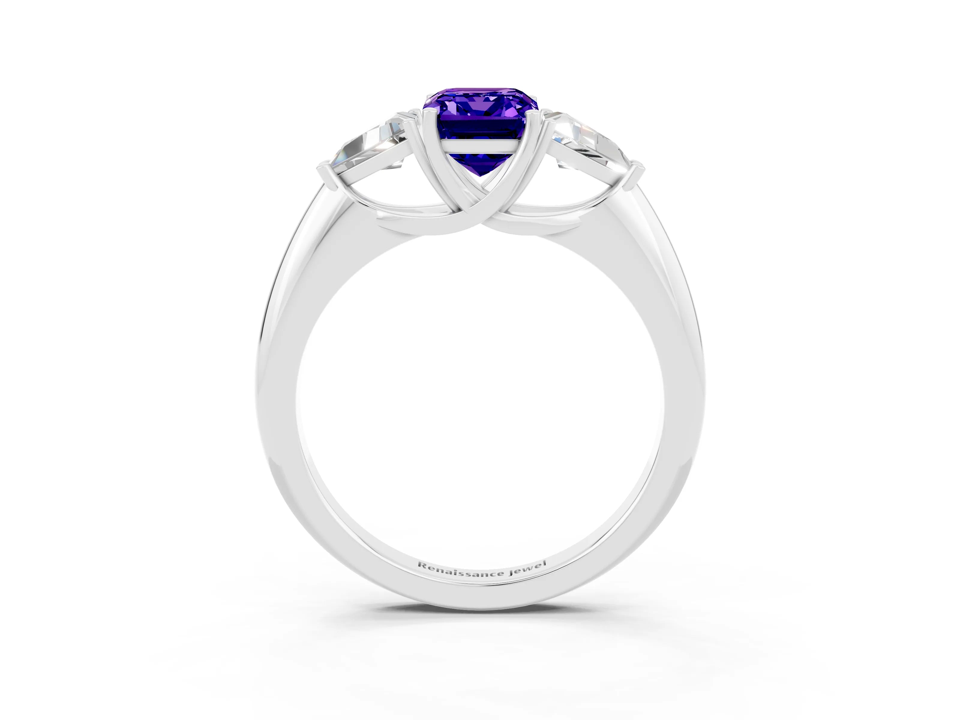 White gold Three-Stone Emerald Cut Cut Diamond Ring with Trillion Side Stones and Four-Prong Setting_3