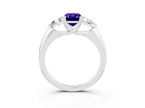 White gold Three-Stone Emerald Cut Tanzanite Engagement Ring with Trillion Side Stones and Prong Setting