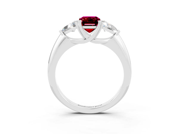 Platinum Three-Stone Emerald Cut Garnet Engagement Ring with Trillion Side Stones and Prong Setting