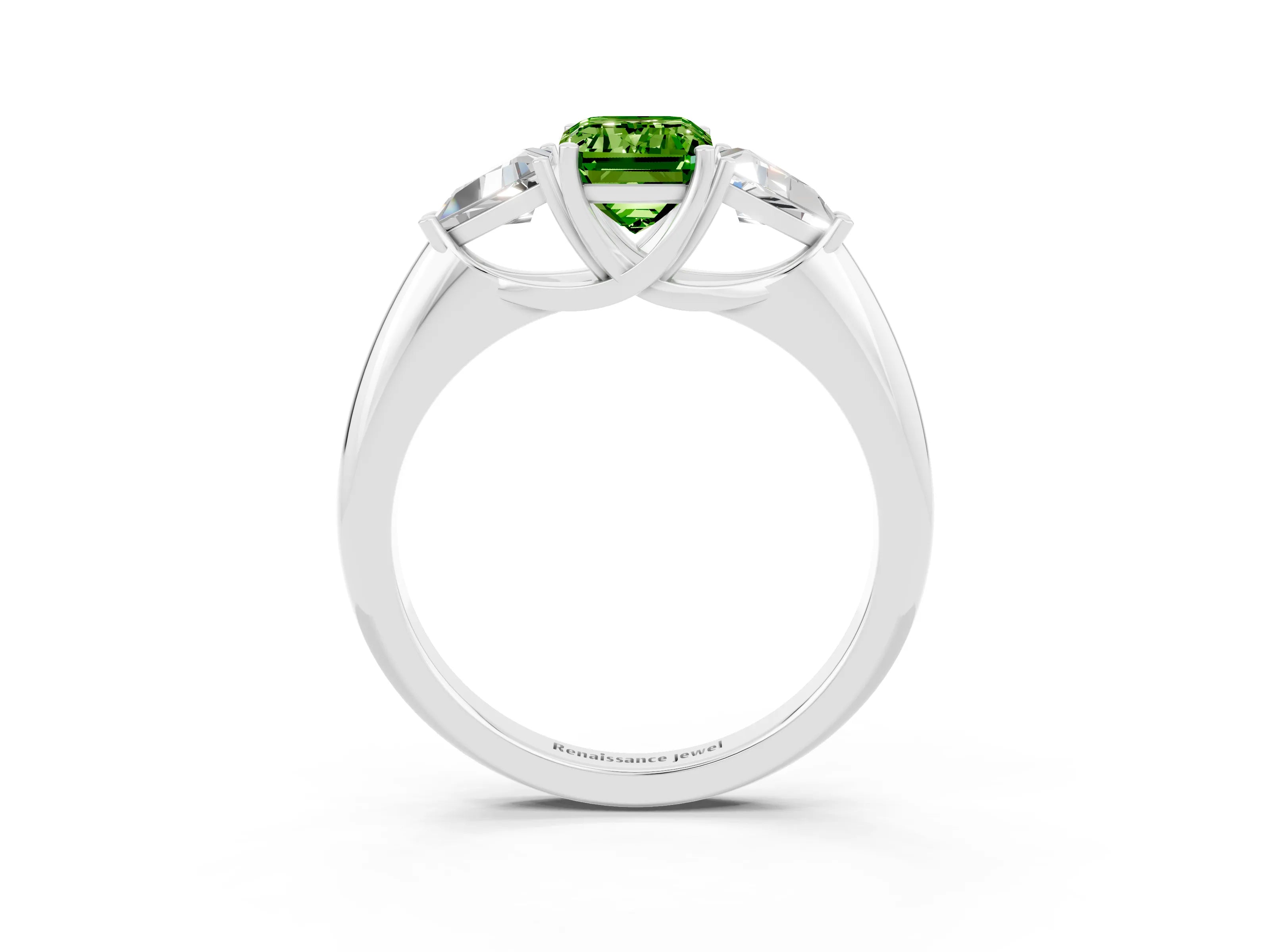 White gold Three-Stone Emerald Cut Cut Diamond Ring with Trillion Side Stones and Four-Prong Setting_3