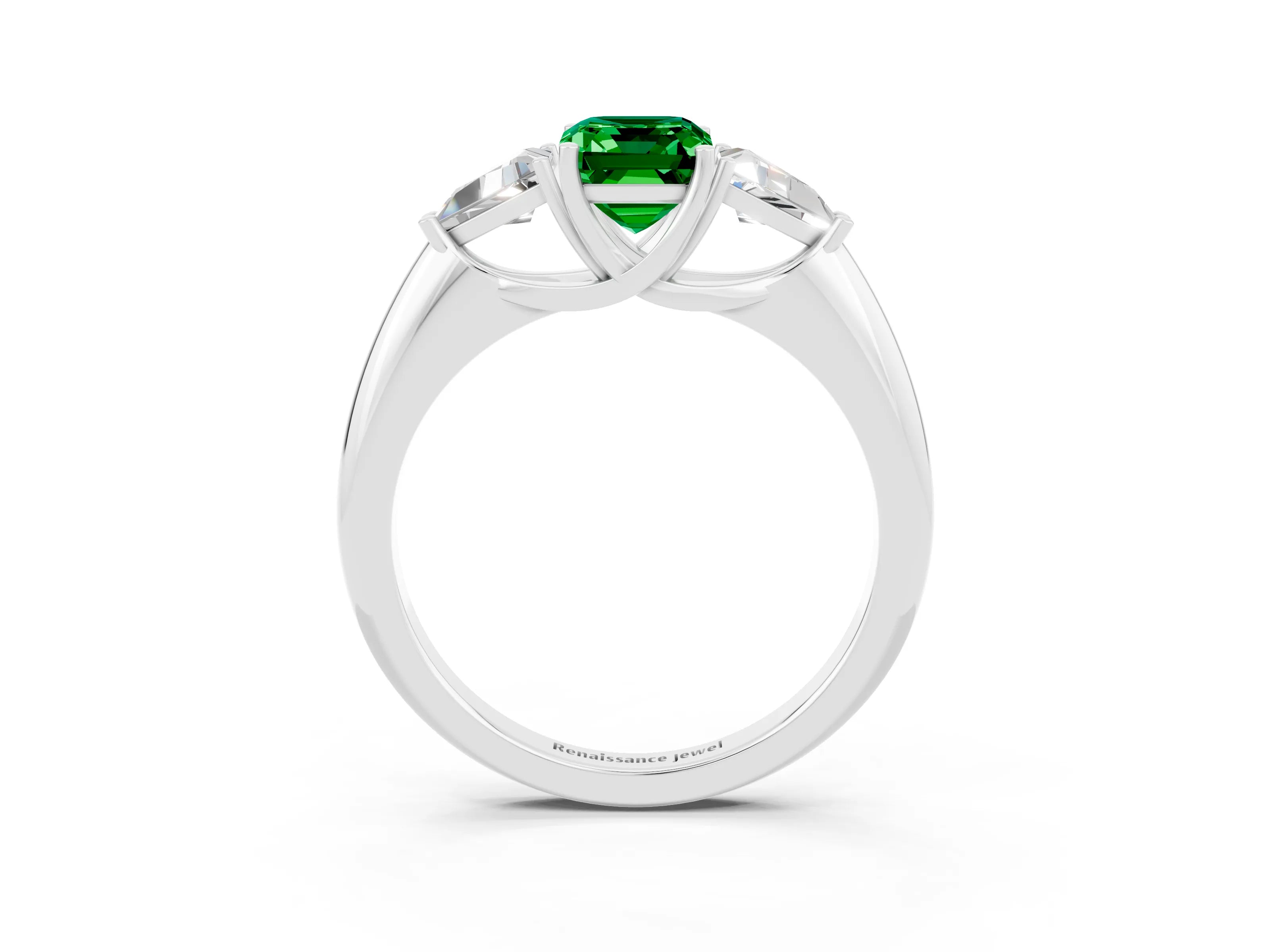 White gold Three-Stone Emerald Cut Cut Diamond Ring with Trillion Side Stones and Four-Prong Setting_3