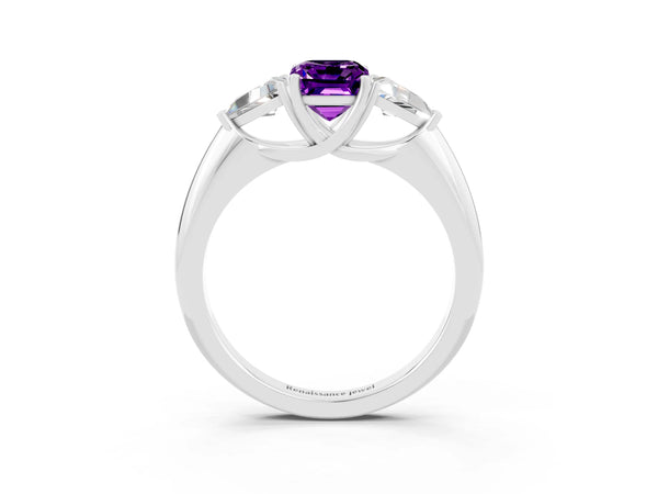 White gold Three-Stone Emerald Cut Amethyst Engagement Ring with Trillion Side Stones and Prong Setting