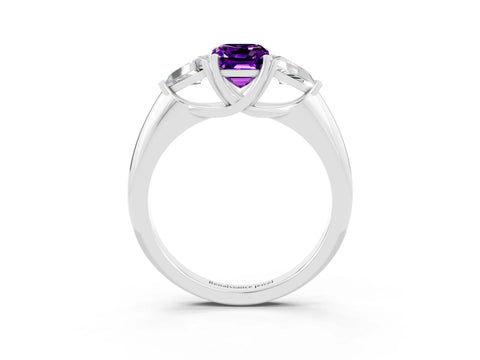 White gold Three-Stone Emerald Cut Cut Diamond Ring with Trillion Side Stones and Four-Prong Setting_3
