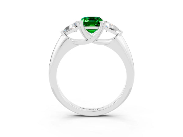 Silver Three-Stone Emerald Cut Emerald Engagement Ring with Trillion Side Stones and Prong Setting