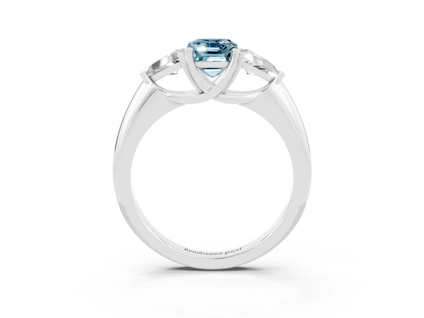 Silver Three-Stone Emerald Cut Aquamarine Engagement Ring with Trillion Side Stones and Prong Setting