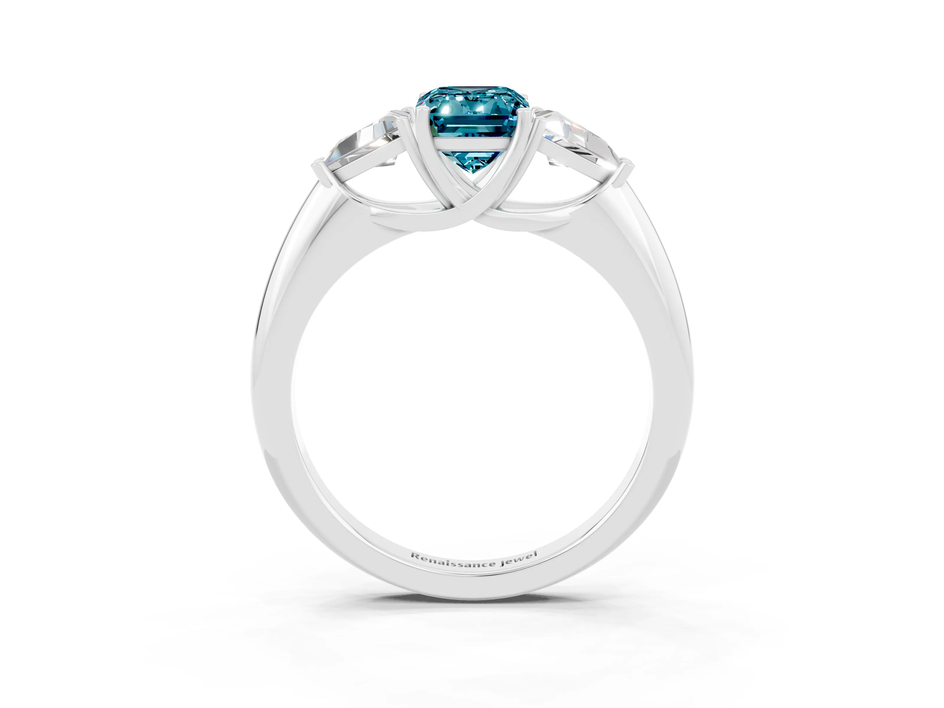 White gold Three-Stone Emerald Cut Cut Diamond Ring with Trillion Side Stones and Four-Prong Setting_3