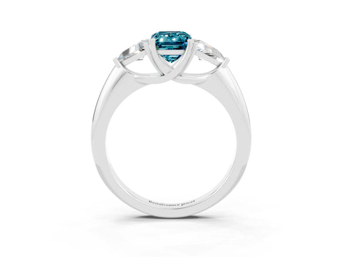 White gold Three-Stone Emerald Cut Cut Diamond Ring with Trillion Side Stones and Four-Prong Setting_3