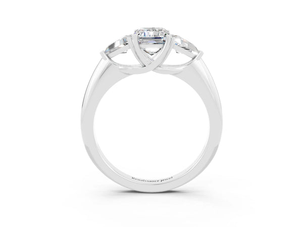 White gold Three-Stone Emerald Cut Moissanite Engagement Ring with Trillion Side Stones and Prong Setting