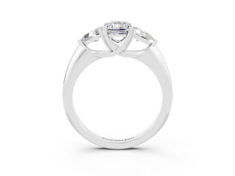 White gold Three-Stone Emerald Cut Cut Diamond Ring with Trillion Side Stones and Four-Prong Setting_3
