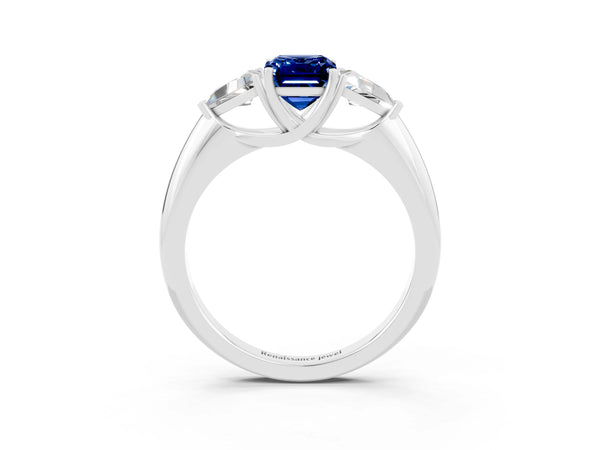 Silver Three-Stone Emerald Cut Blue Sapphire Engagement Ring with Trillion Side Stones and Prong Setting