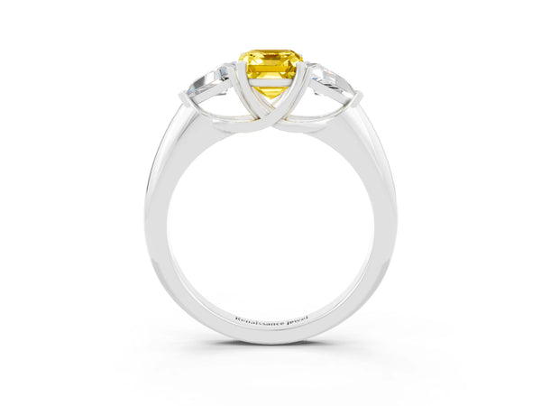 White gold Three-Stone Emerald Cut Yellow Sapphire Engagement Ring with Trillion Side Stones and Prong Setting