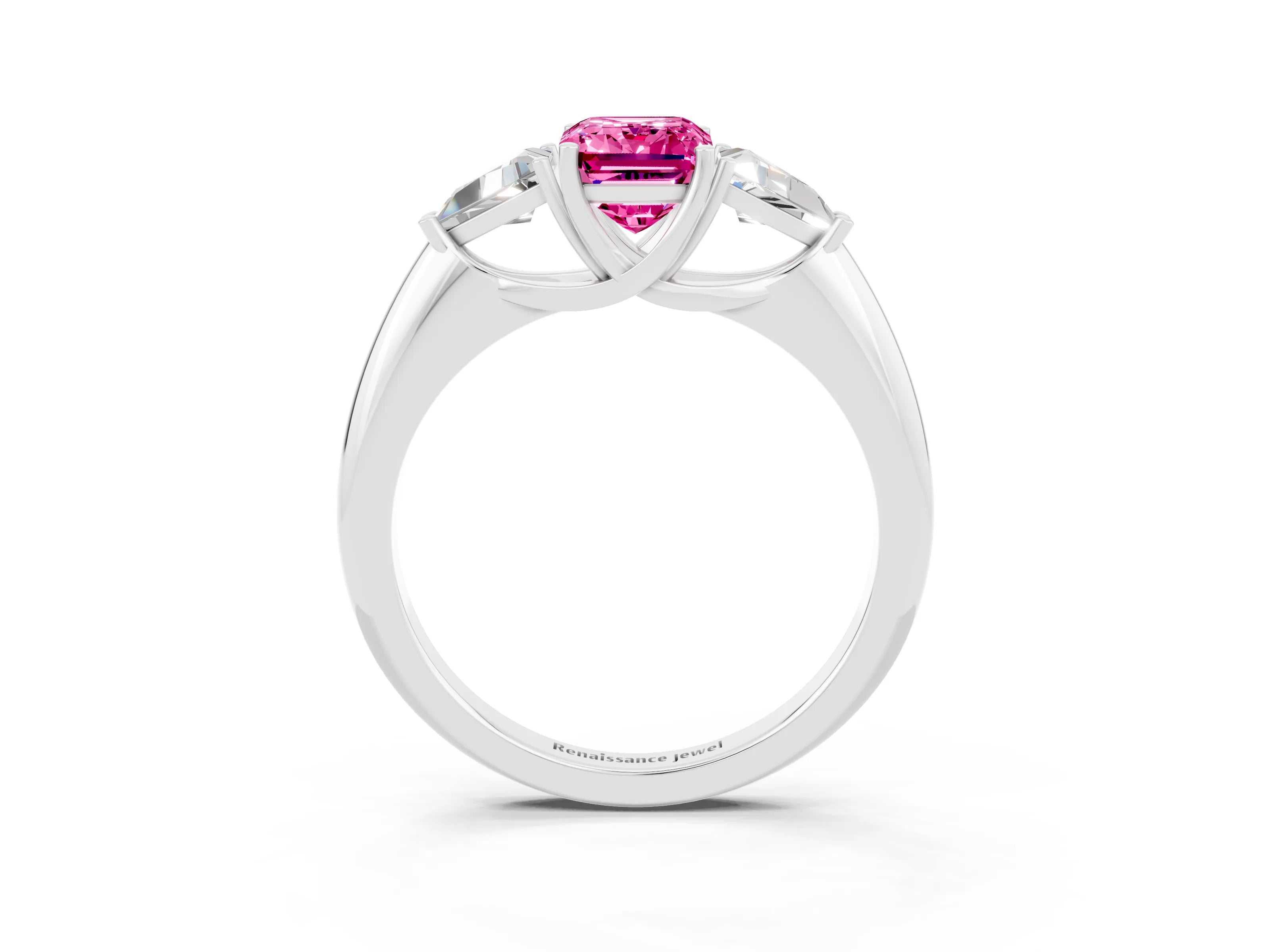 White gold Three-Stone Emerald Cut Cut Diamond Ring with Trillion Side Stones and Four-Prong Setting_3