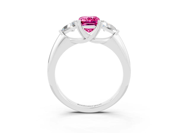 White gold Three-Stone Emerald Cut Pink Sapphire Engagement Ring with Trillion Side Stones and Prong Setting