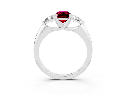 White gold Three-Stone Emerald Cut Cut Diamond Ring with Trillion Side Stones and Four-Prong Setting_3