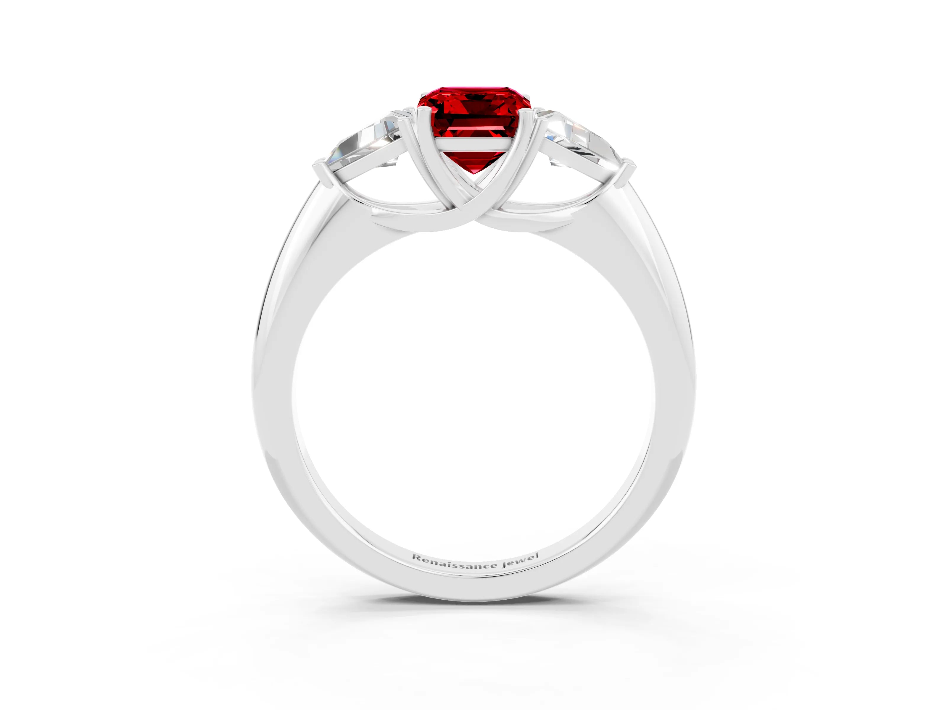 White gold Three-Stone Emerald Cut Cut Diamond Ring with Trillion Side Stones and Four-Prong Setting_3