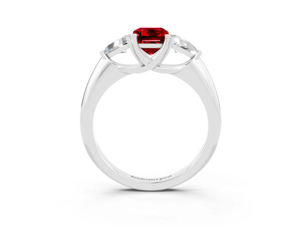 Platinum Three-Stone Emerald Cut Ruby Engagement Ring with Trillion Side Stones and Prong Setting