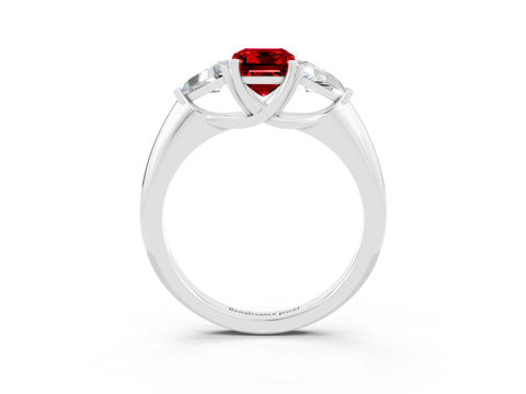 White gold Three-Stone Emerald Cut Cut Diamond Ring with Trillion Side Stones and Four-Prong Setting_3