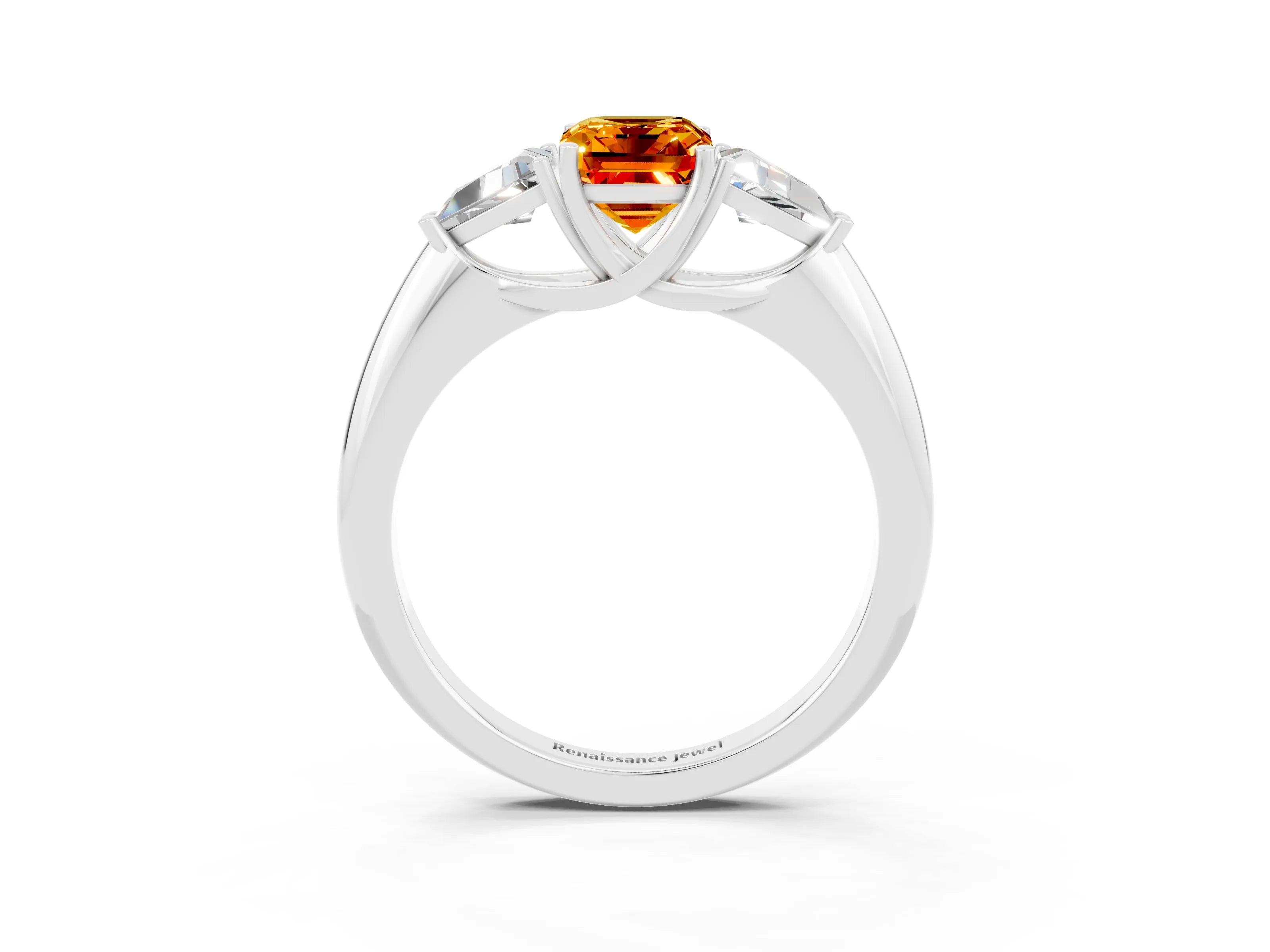 White gold Three-Stone Emerald Cut Cut Diamond Ring with Trillion Side Stones and Four-Prong Setting_3