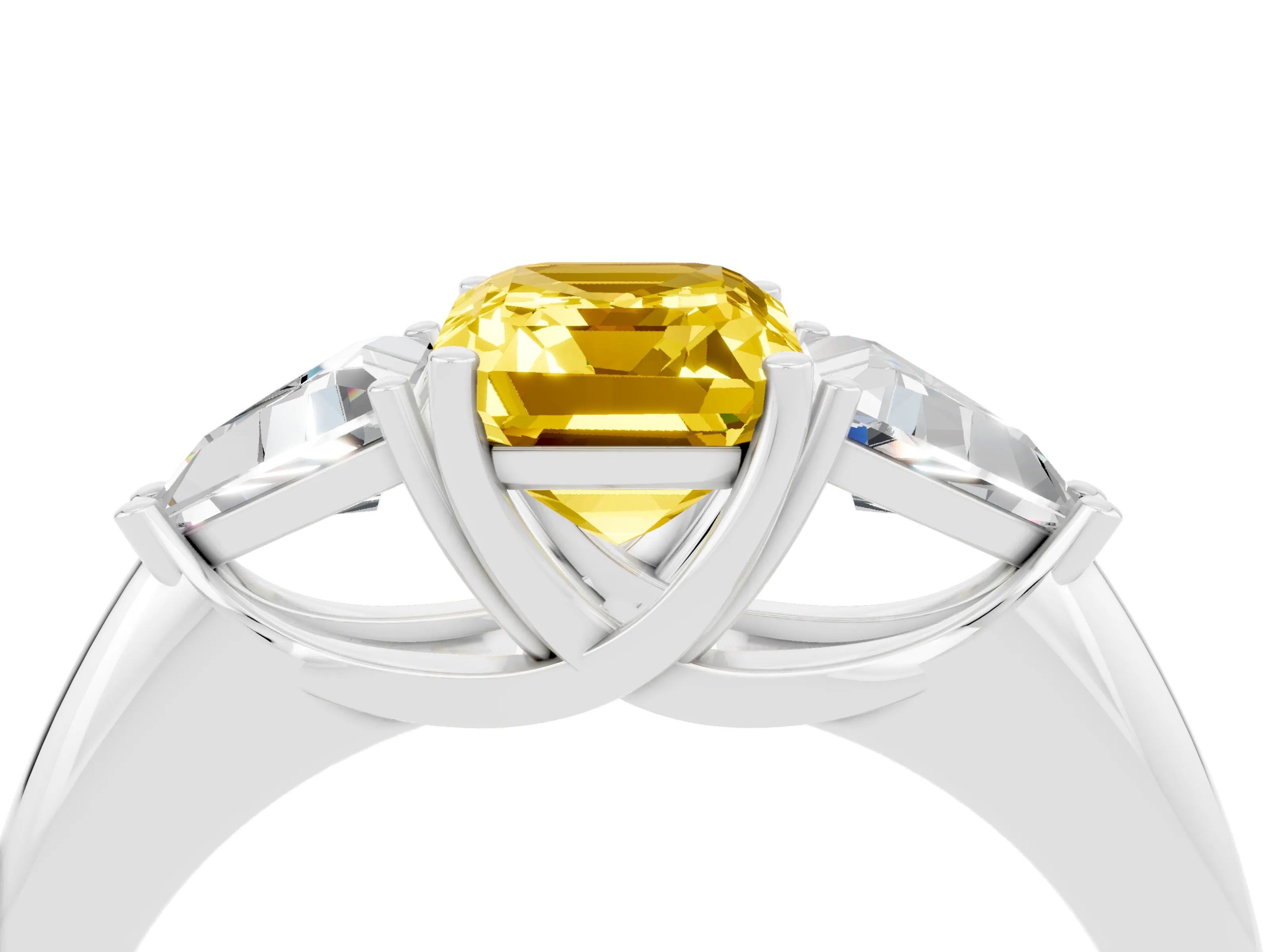 White gold Three-Stone Emerald Cut Cut Diamond Ring with Trillion Side Stones and Four-Prong Setting_4