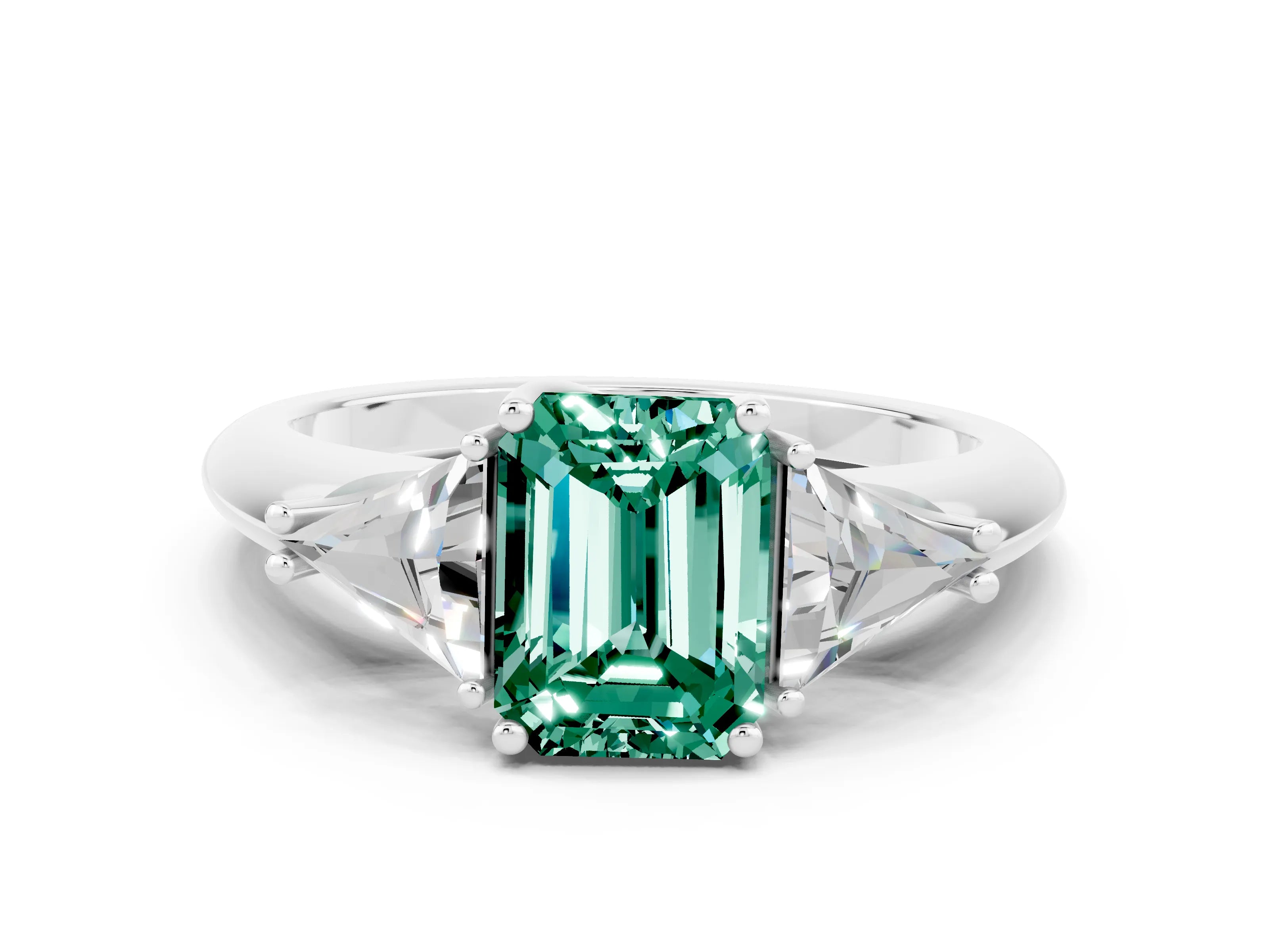 White gold Three-Stone Emerald Cut Cut Diamond Ring with Trillion Side Stones and Four-Prong Setting