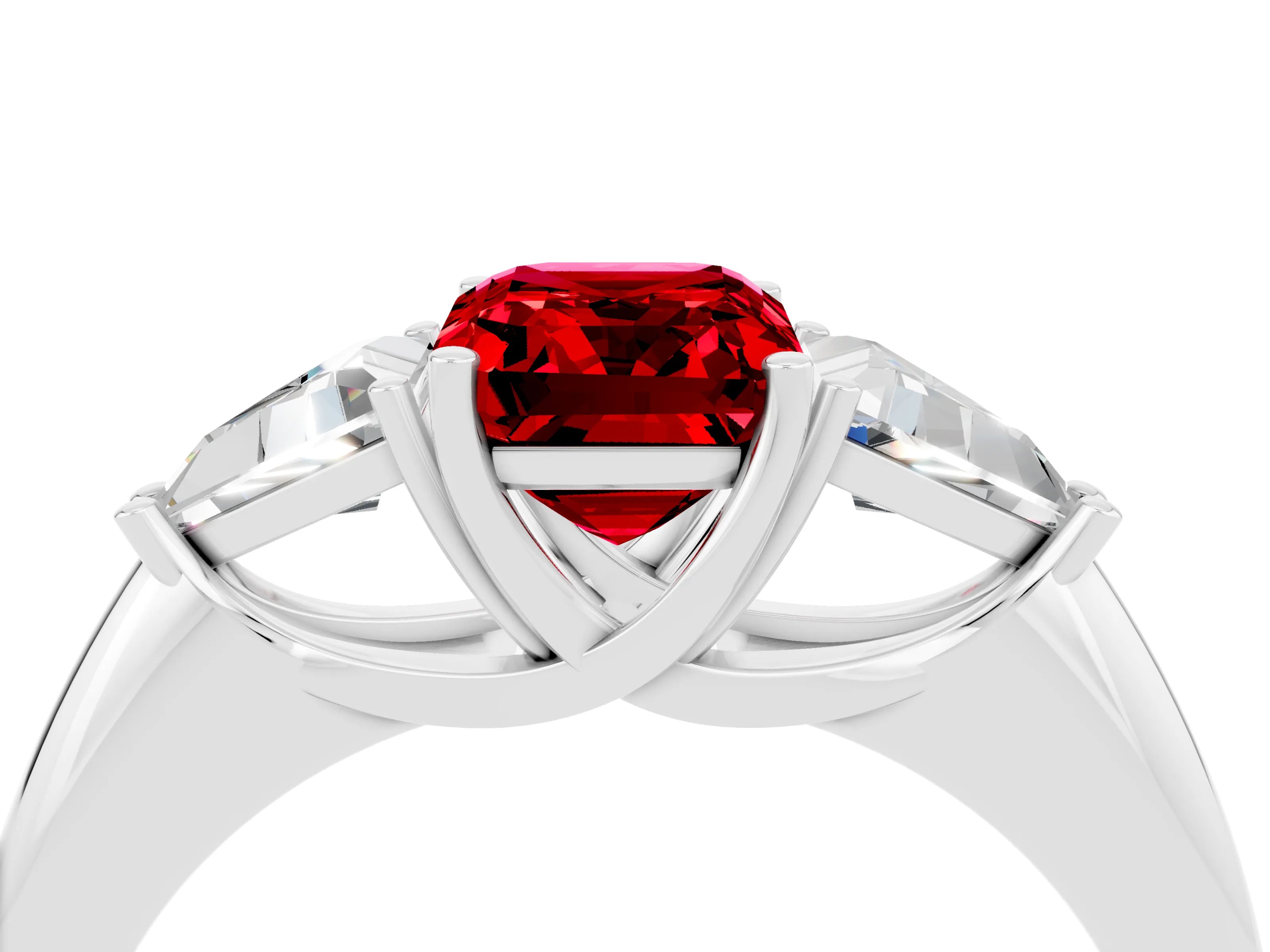 White gold Three-Stone Emerald Cut Cut Diamond Ring with Trillion Side Stones and Four-Prong Setting_4