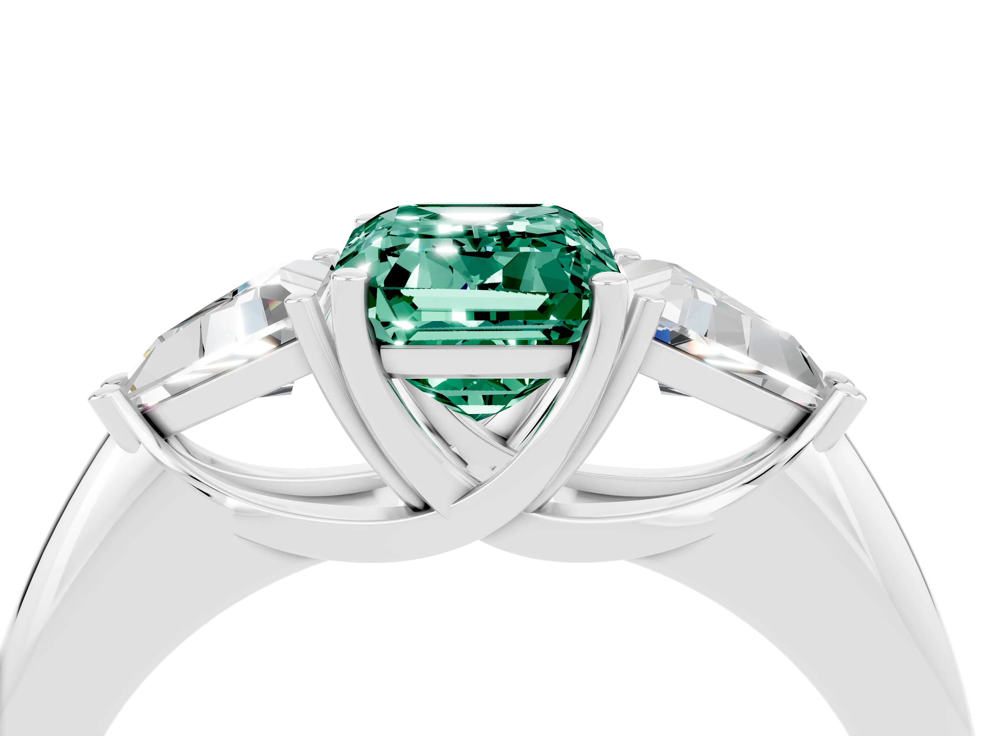 White gold Three-Stone Emerald Cut Cut Diamond Ring with Trillion Side Stones and Four-Prong Setting_4