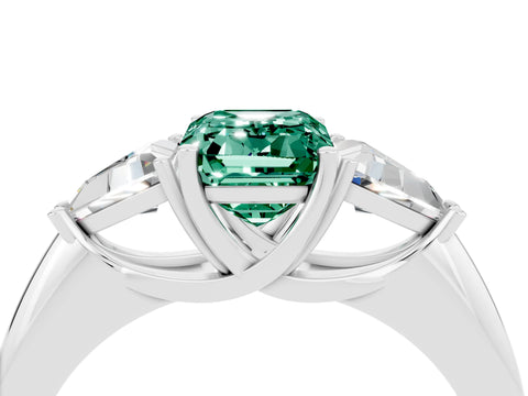 White gold Three-Stone Emerald Cut Cut Diamond Ring with Trillion Side Stones and Four-Prong Setting_4