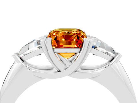 White gold Three-Stone Emerald Cut Cut Diamond Ring with Trillion Side Stones and Four-Prong Setting_4