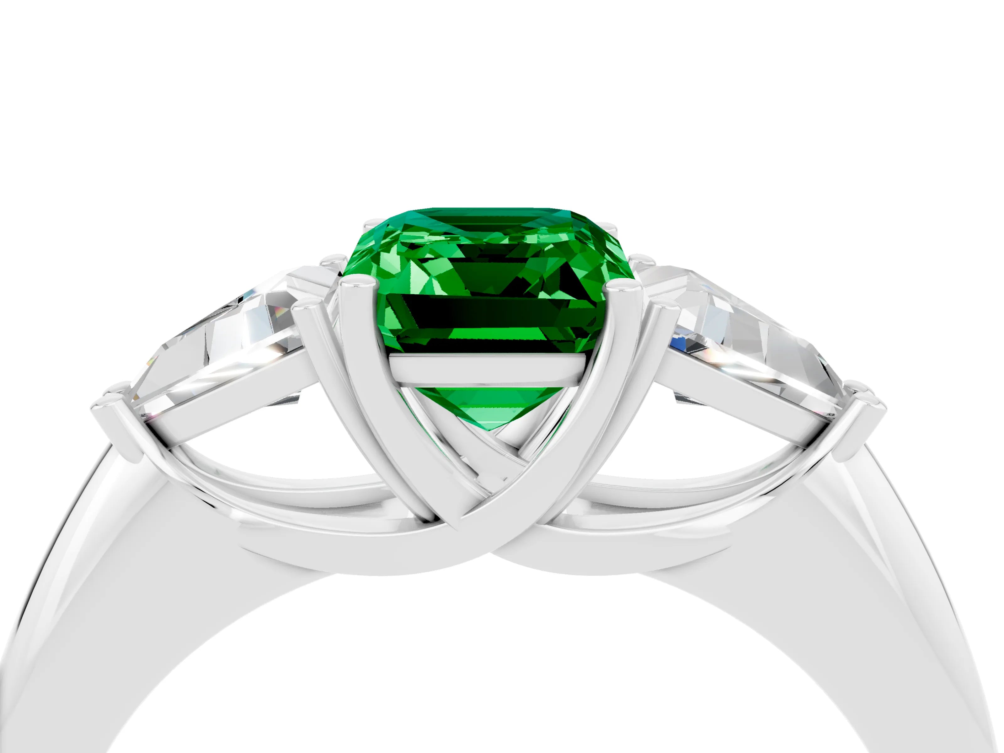 White gold Three-Stone Emerald Cut Cut Diamond Ring with Trillion Side Stones and Four-Prong Setting_4