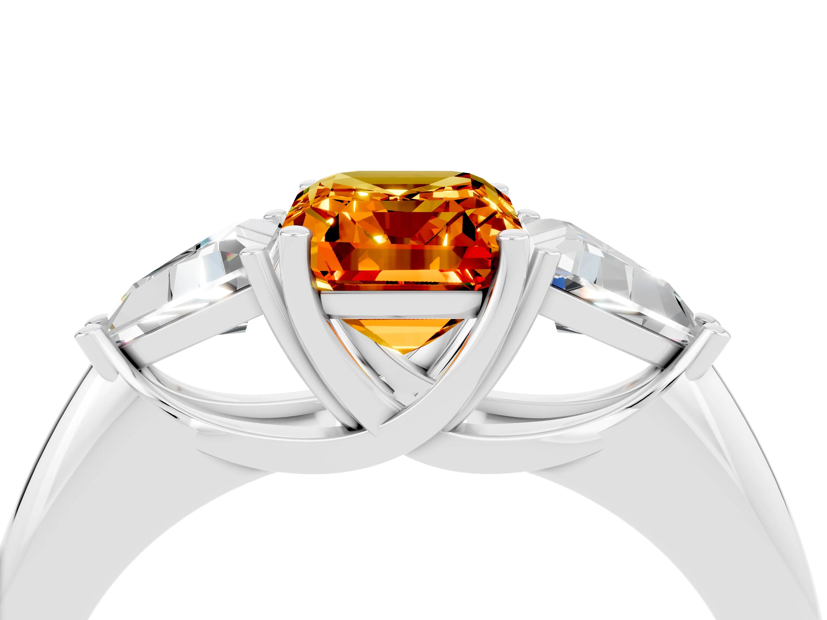 White gold Three-Stone Emerald Cut Cut Diamond Ring with Trillion Side Stones and Four-Prong Setting_4