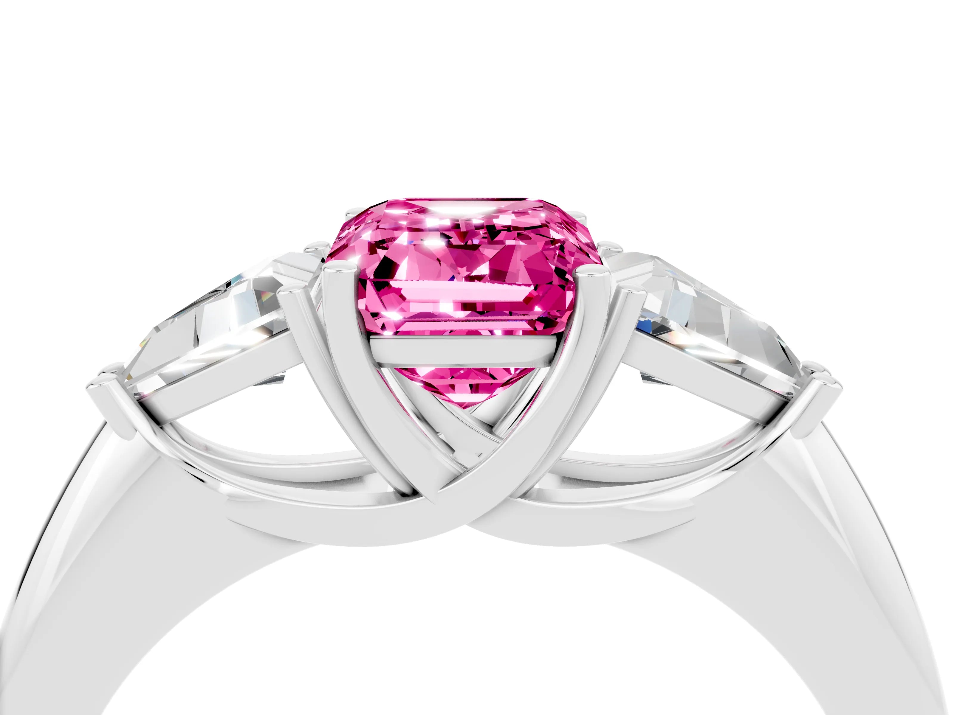 White gold Three-Stone Emerald Cut Cut Diamond Ring with Trillion Side Stones and Four-Prong Setting_4
