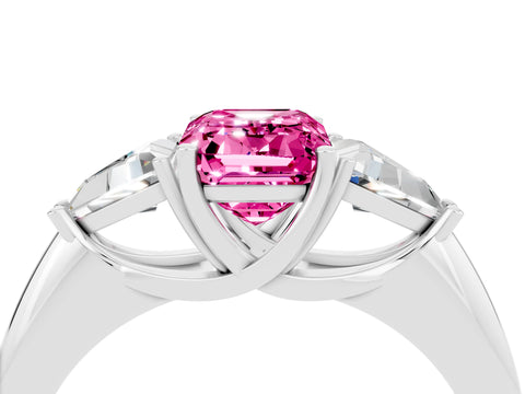 White gold Three-Stone Emerald Cut Cut Diamond Ring with Trillion Side Stones and Four-Prong Setting_4