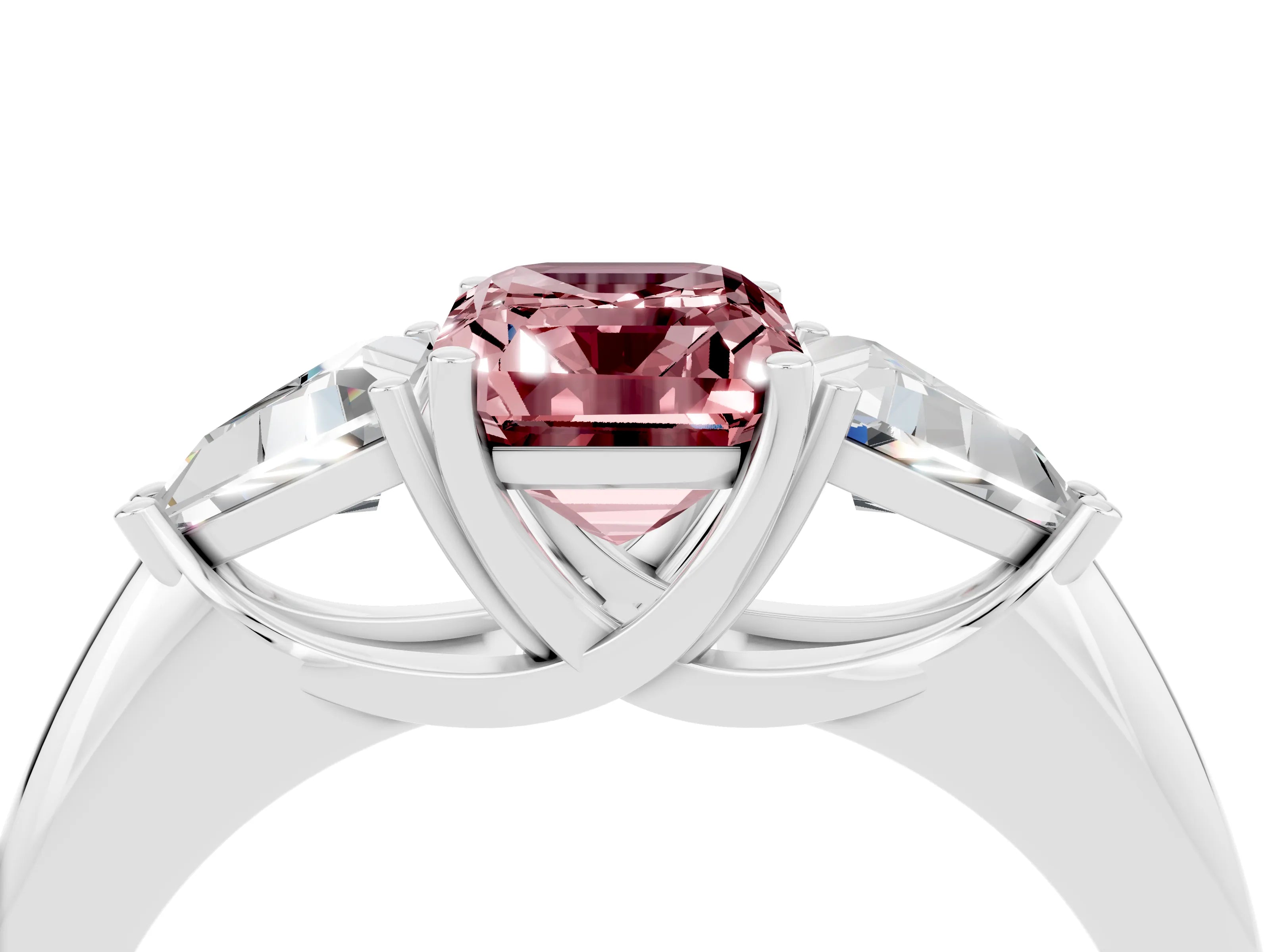 White gold Three-Stone Emerald Cut Cut Diamond Ring with Trillion Side Stones and Four-Prong Setting_4