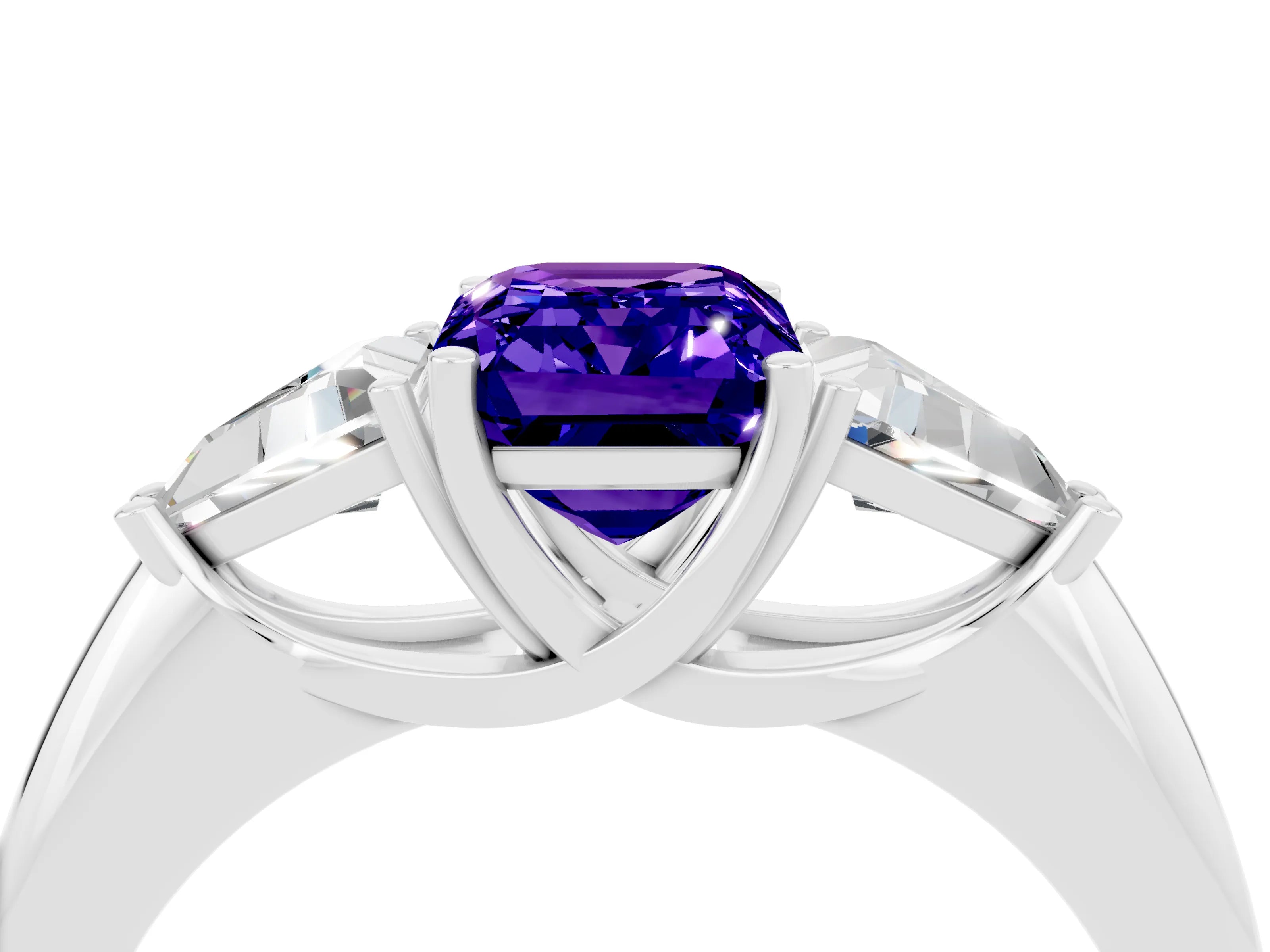 White gold Three-Stone Emerald Cut Cut Diamond Ring with Trillion Side Stones and Four-Prong Setting_4