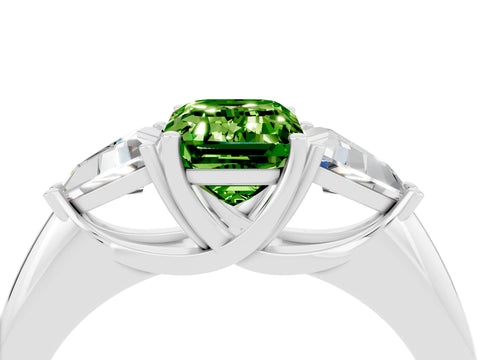 White gold Three-Stone Emerald Cut Cut Diamond Ring with Trillion Side Stones and Four-Prong Setting_4