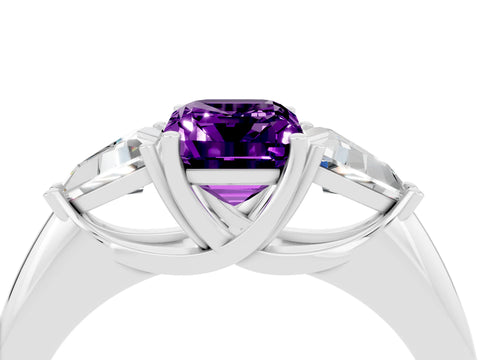 White gold Three-Stone Emerald Cut Cut Diamond Ring with Trillion Side Stones and Four-Prong Setting_4