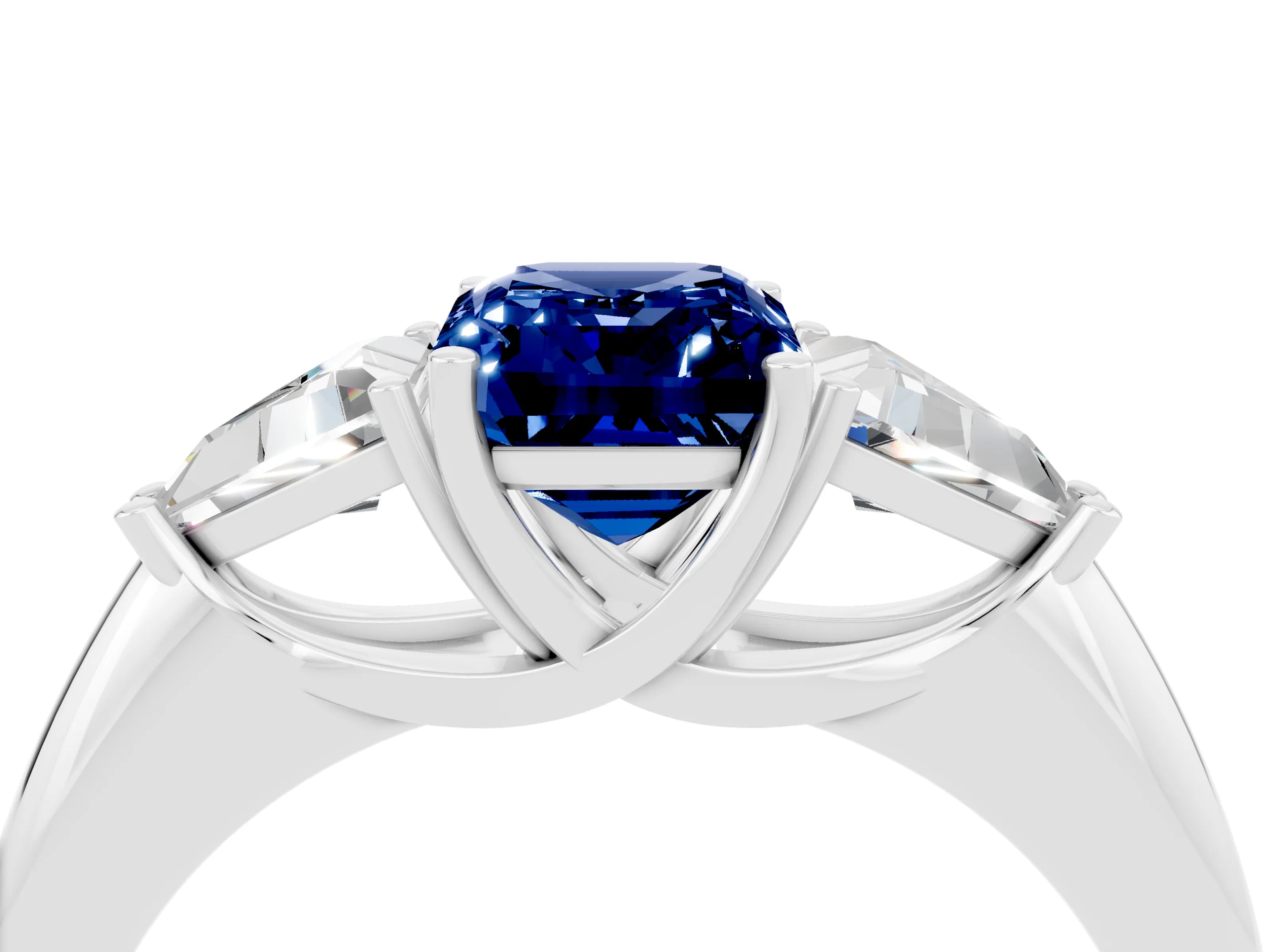 White gold Three-Stone Emerald Cut Cut Diamond Ring with Trillion Side Stones and Four-Prong Setting_4