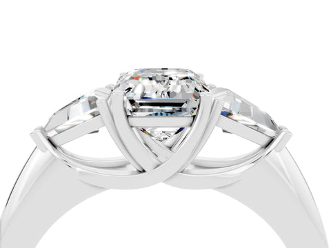 White gold Three-Stone Emerald Cut Cut Diamond Ring with Trillion Side Stones and Four-Prong Setting_4