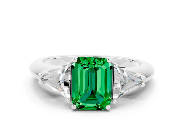 Platinum Three-Stone Emerald Cut Emerald Engagement Ring with Trillion Side Stones and Prong Setting