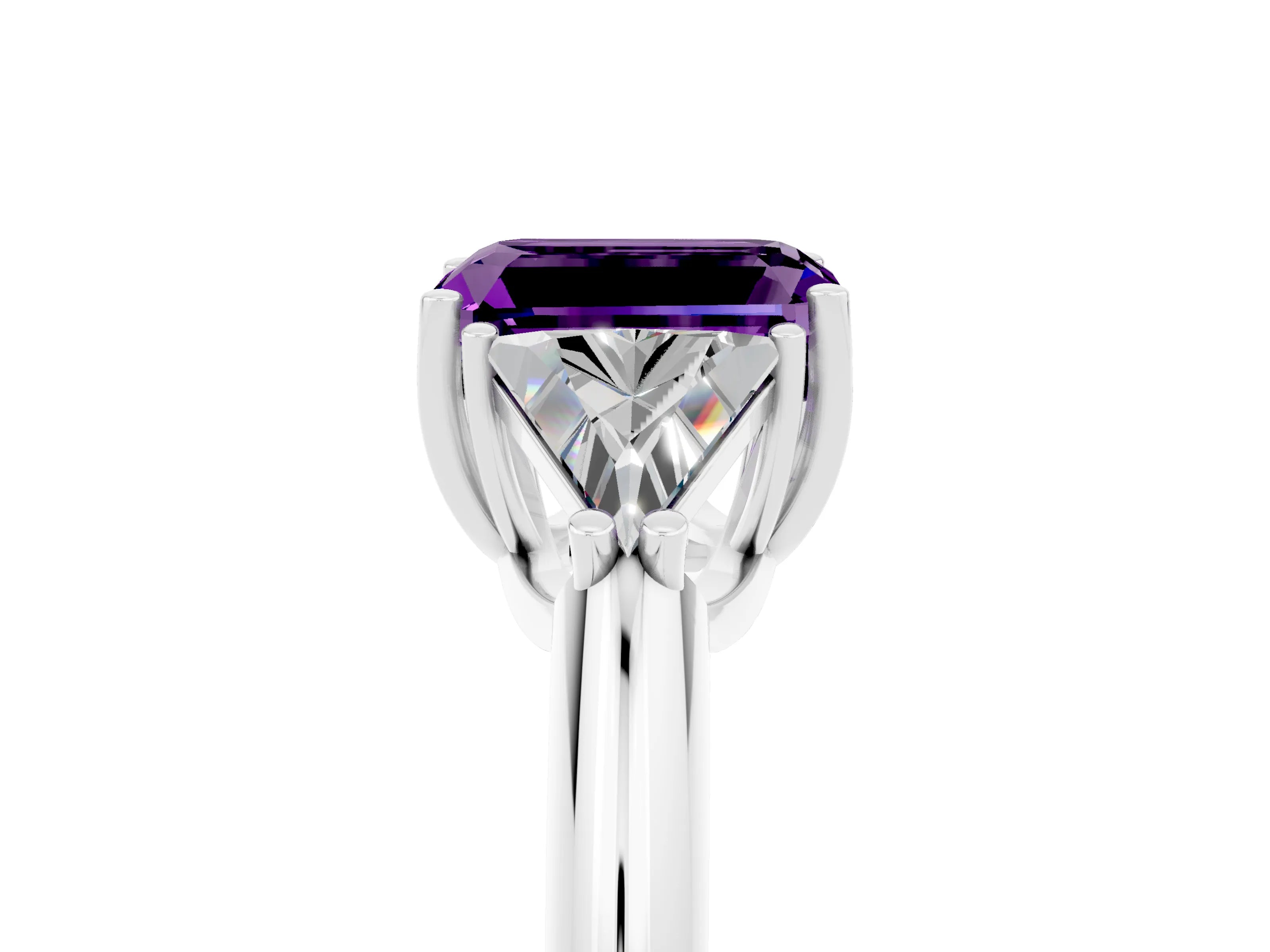 White gold Three-Stone Emerald Cut Cut Diamond Ring with Trillion Side Stones and Four-Prong Setting_5