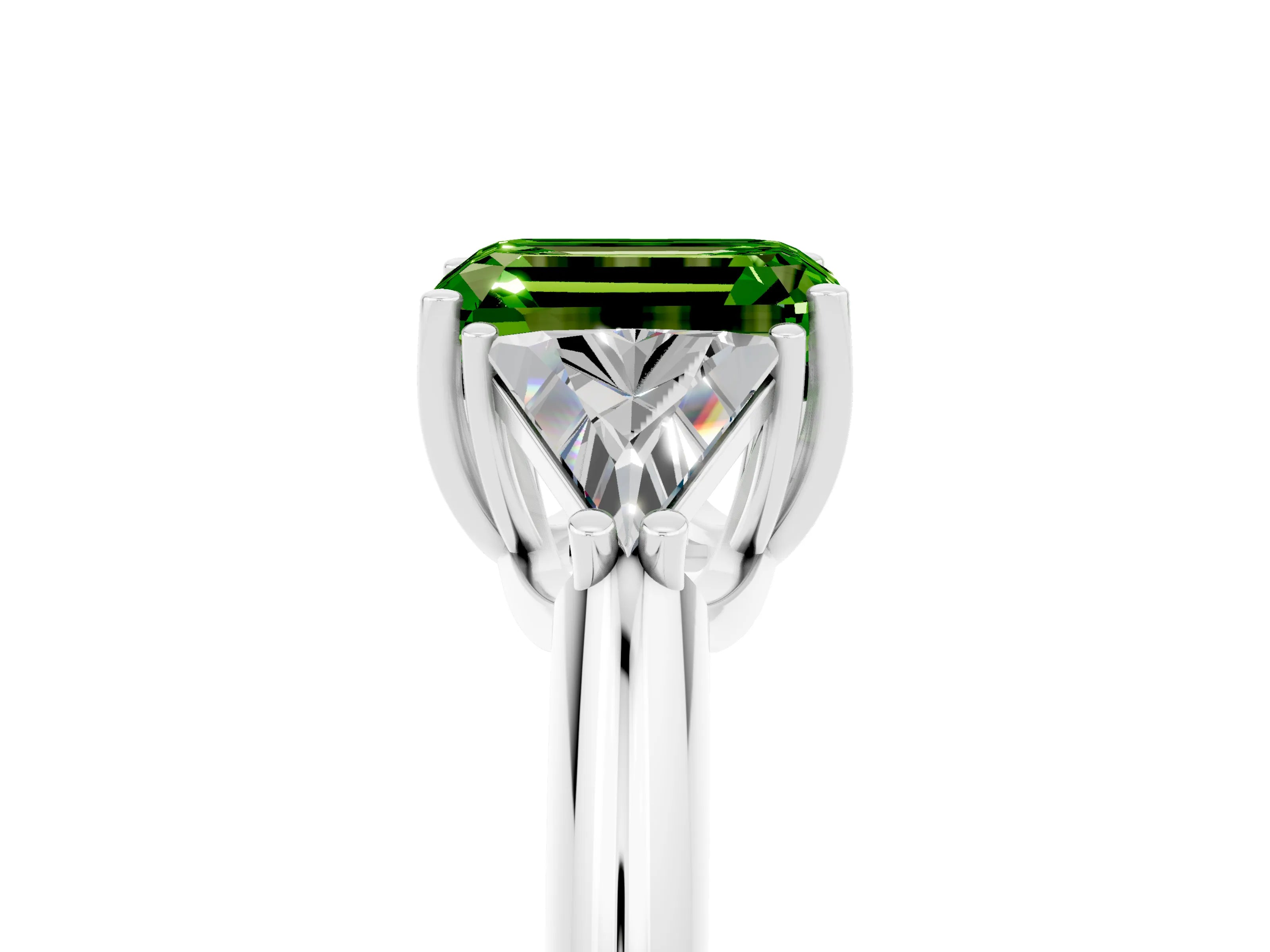 White gold Three-Stone Emerald Cut Cut Diamond Ring with Trillion Side Stones and Four-Prong Setting_5