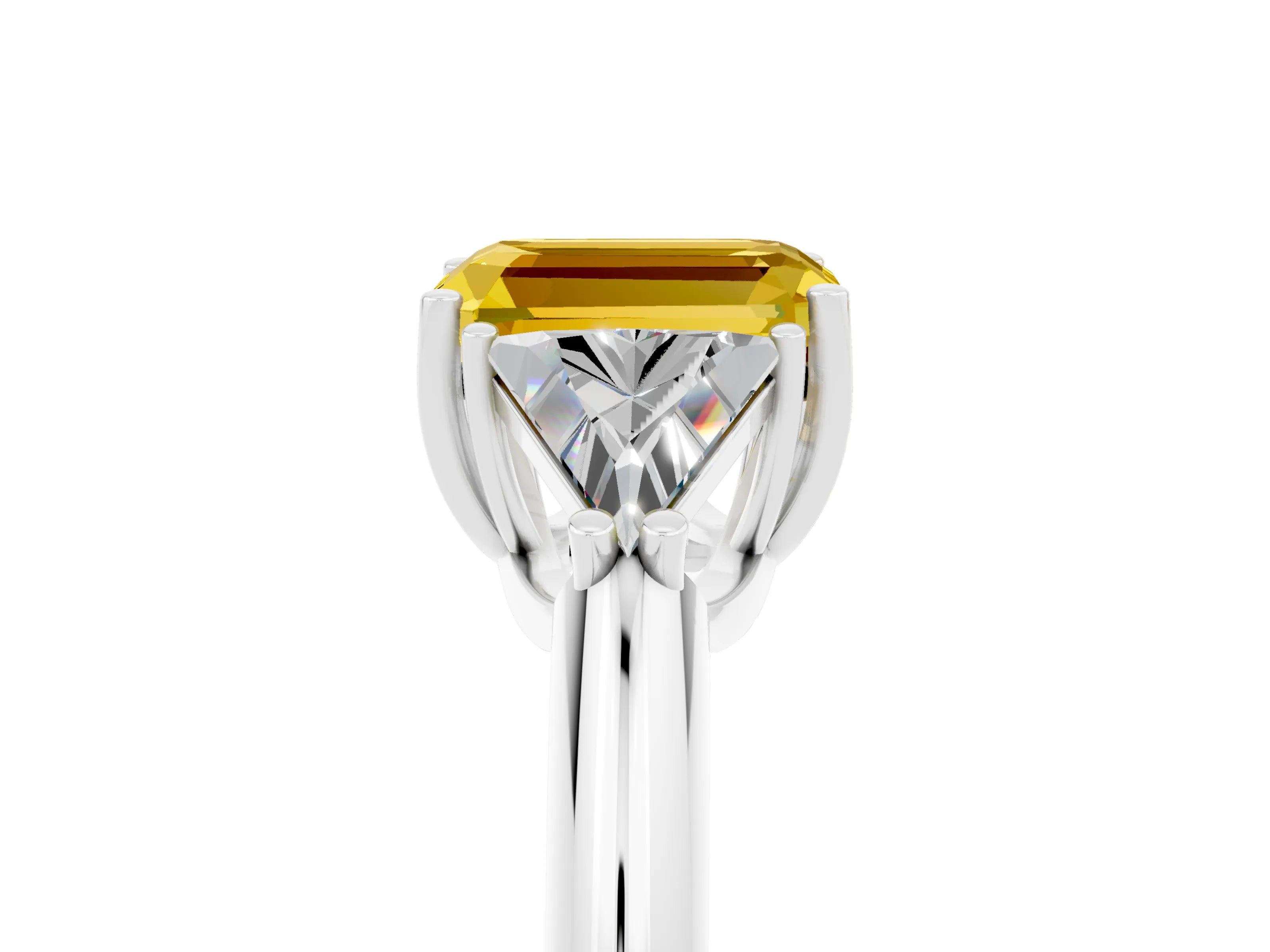 White gold Three-Stone Emerald Cut Cut Diamond Ring with Trillion Side Stones and Four-Prong Setting_5