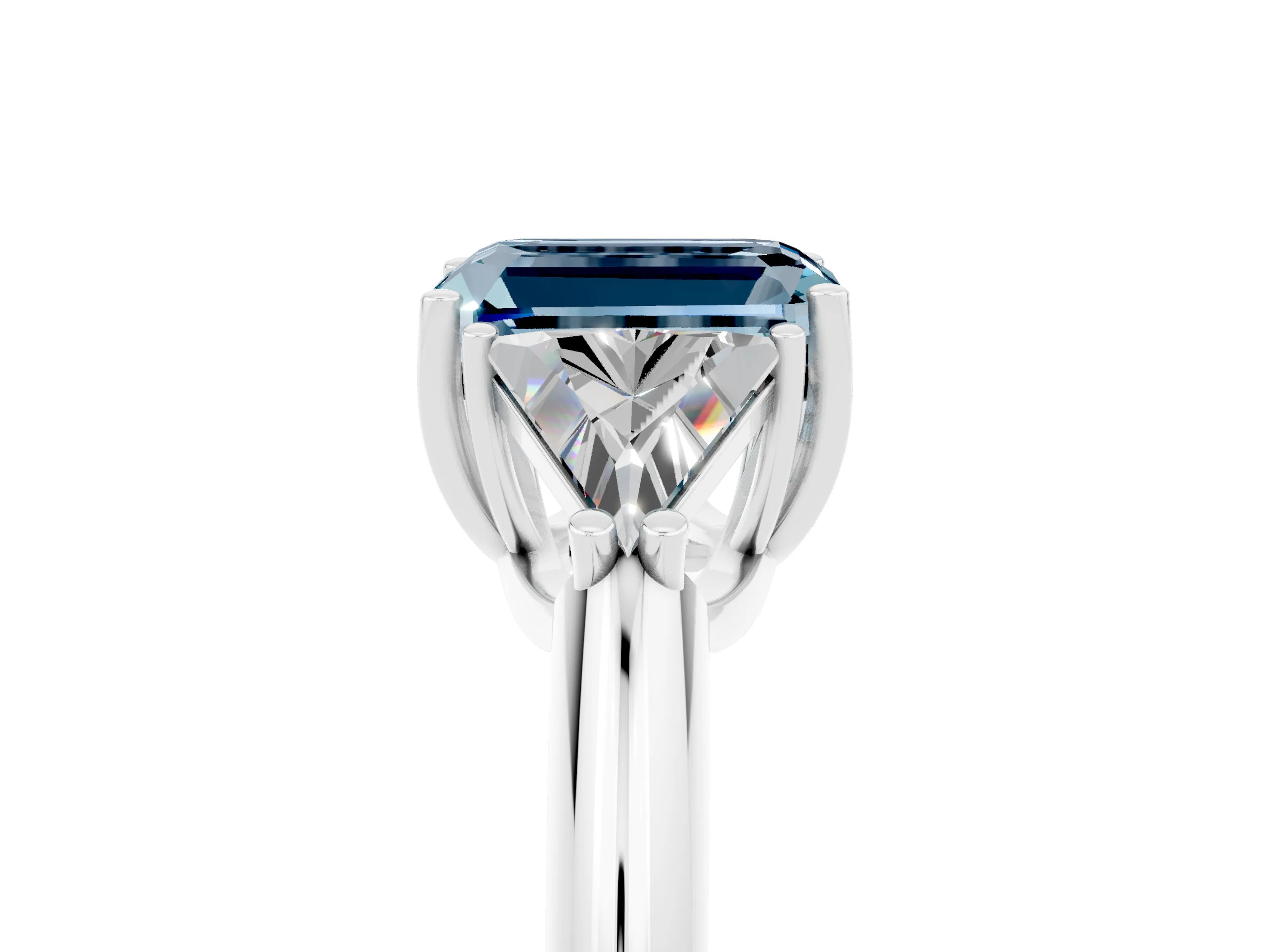 White gold Three-Stone Emerald Cut Cut Diamond Ring with Trillion Side Stones and Four-Prong Setting_5